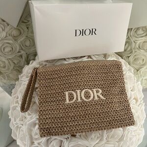 Dior beauty raffia weaved straw Wristlet cosmetic trousse bag